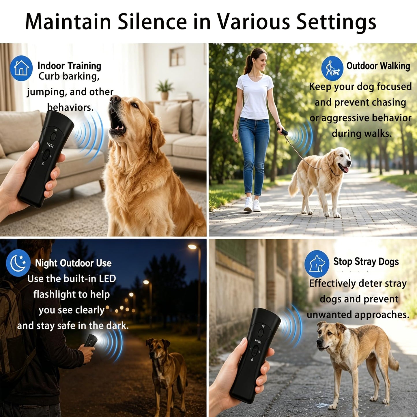 Dispositivo antiladrar ultrasonico para perros, portátil con linterna LED y 3 modos de entrenamiento室内部分提到的产品名称是英文，翻译成西班