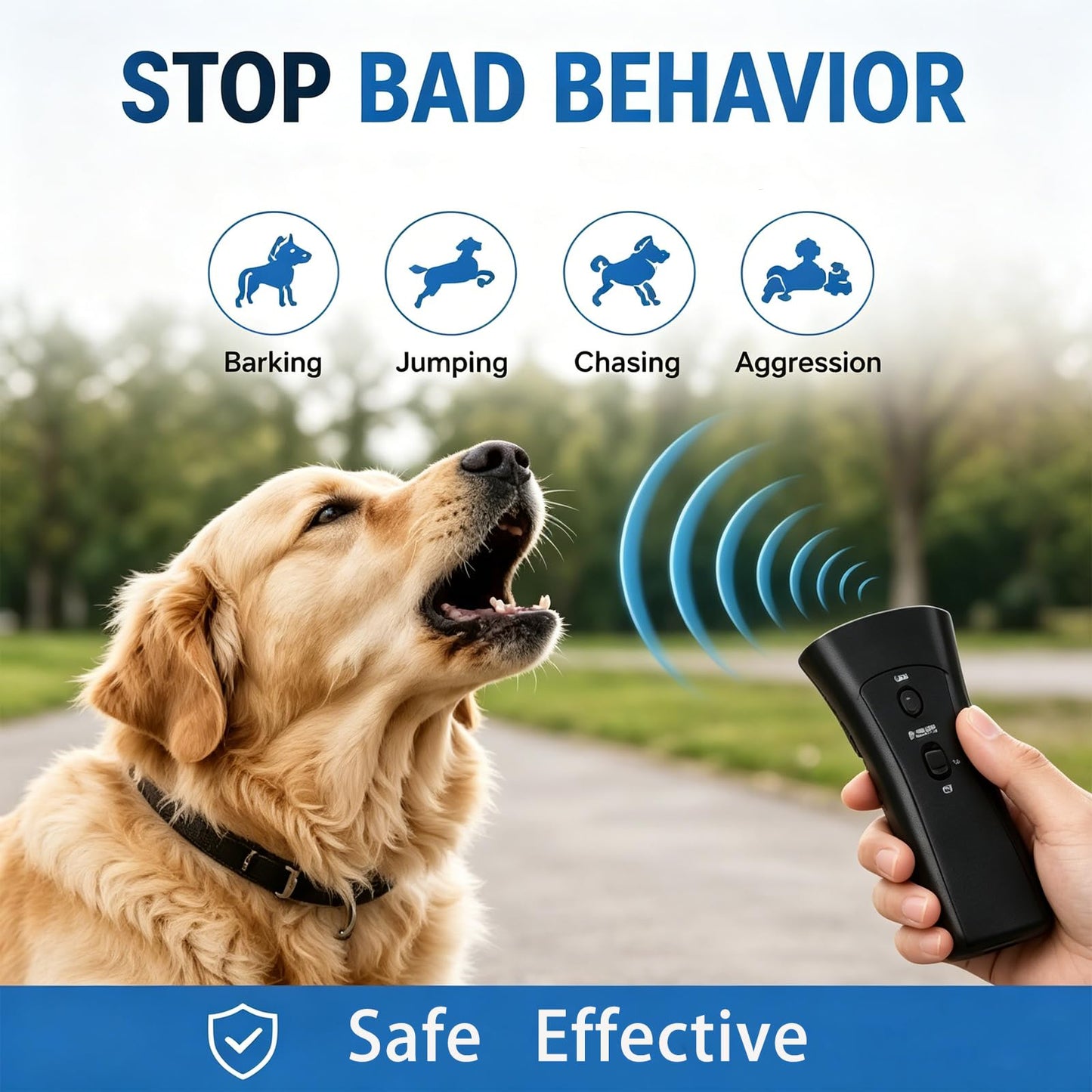 Dispositivo antiladrar ultrasonico para perros, portátil con linterna LED y 3 modos de entrenamiento室内部分提到的产品名称是英文，翻译成西班