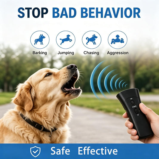 Dispositivo antiladrar ultrasonico para perros, portátil con linterna LED y 3 modos de entrenamiento室内部分提到的产品名称是英文，翻译成西班