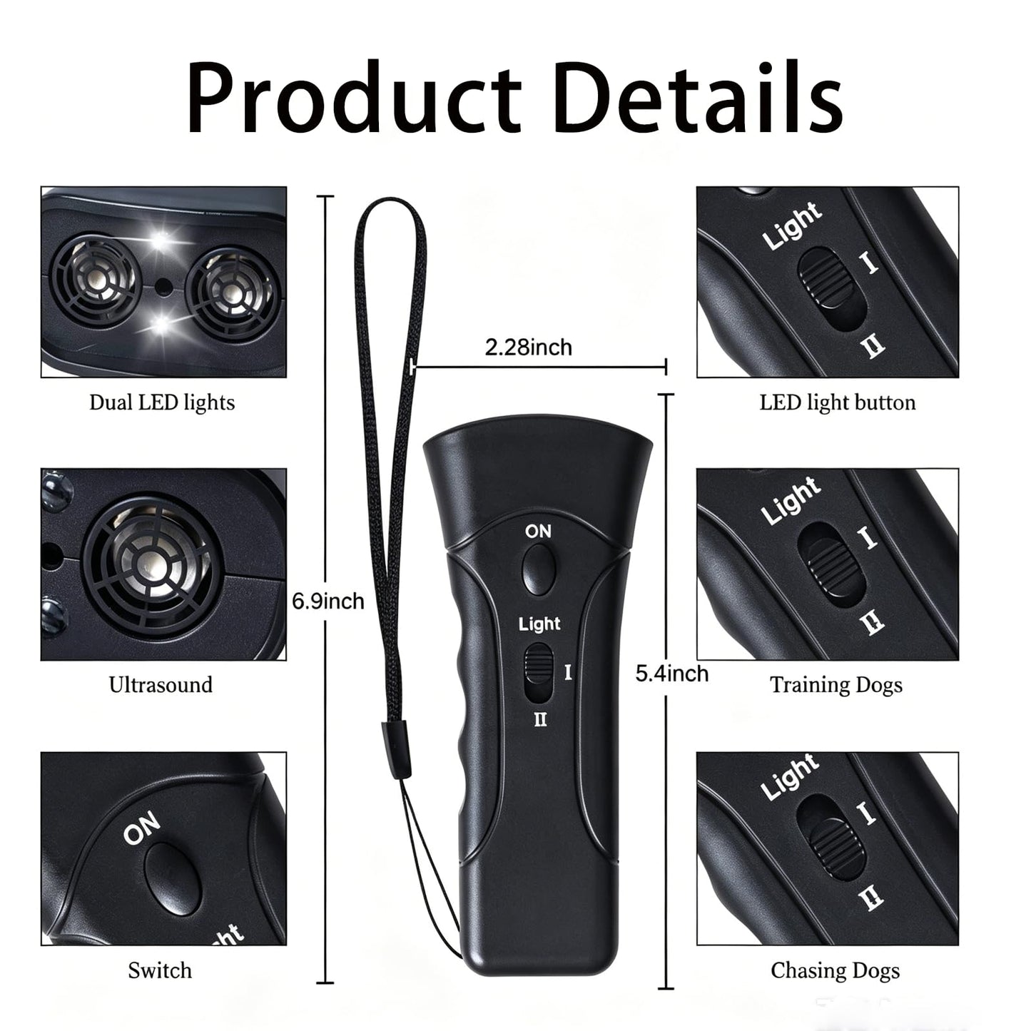 Dispositivo antiladrar ultrasonico para perros, portátil con linterna LED y 3 modos de entrenamiento室内部分提到的产品名称是英文，翻译成西班