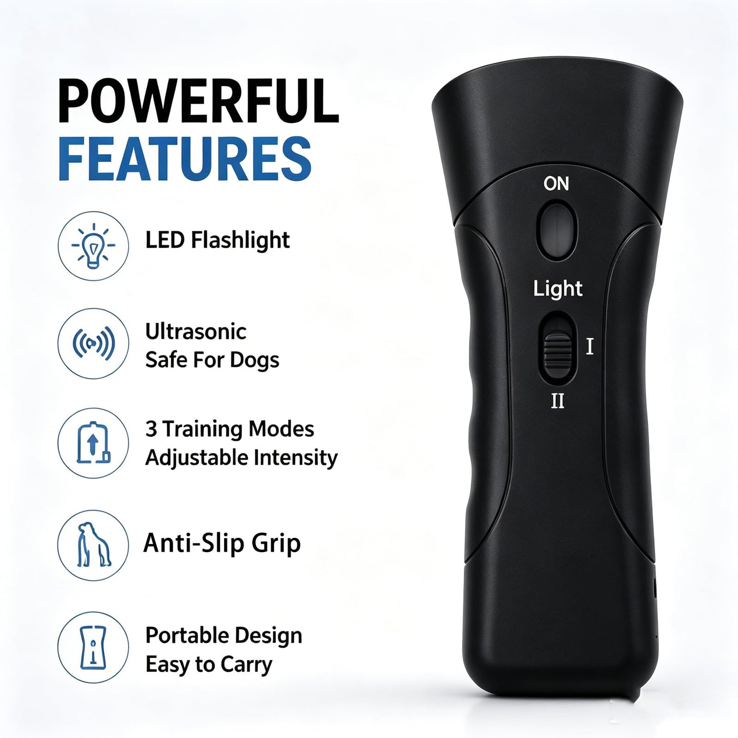 Dispositivo antiladrar ultrasonico para perros, portátil con linterna LED y 3 modos de entrenamiento室内部分提到的产品名称是英文，翻译成西班