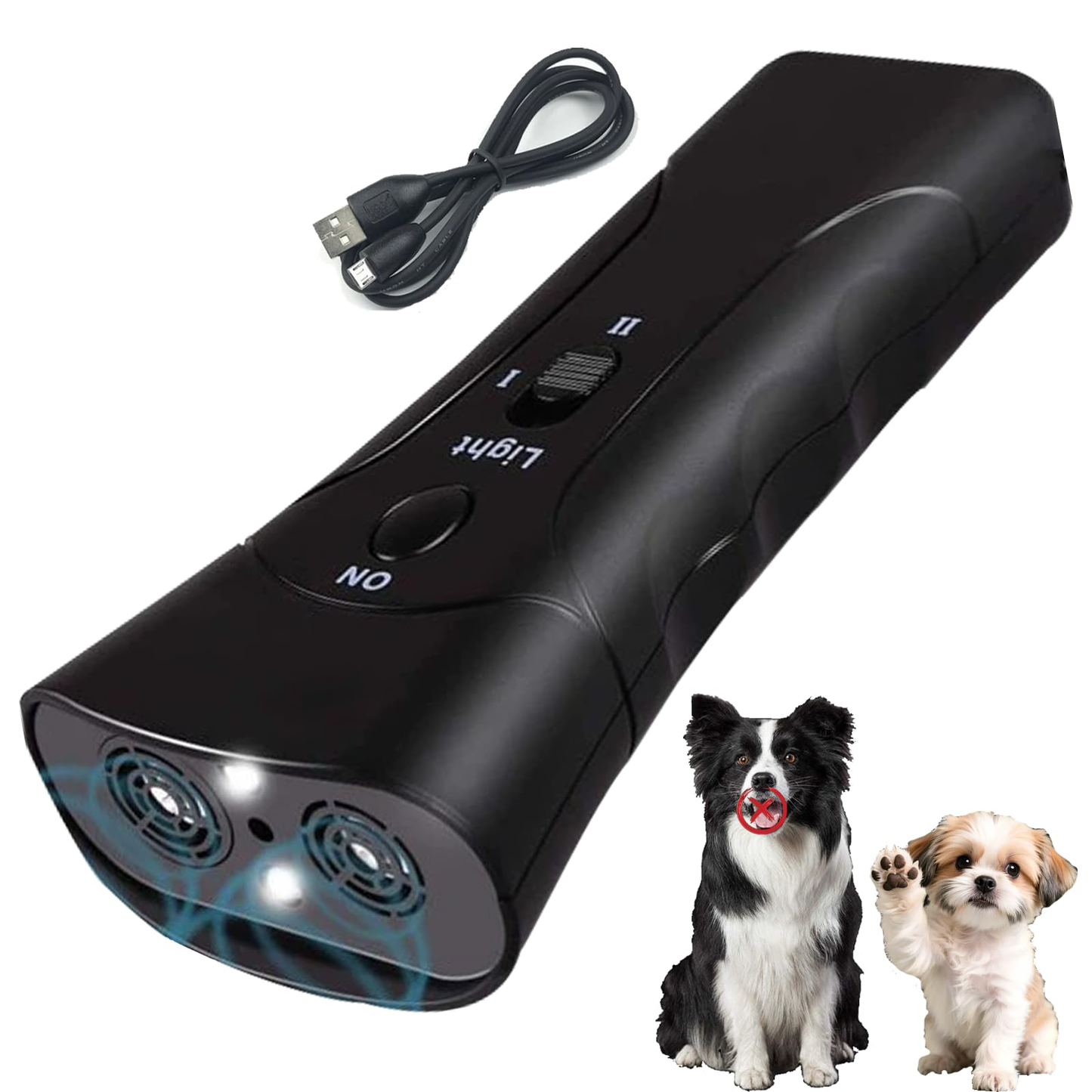 Dispositivo antiladrar ultrasonico para perros, portátil con linterna LED y 3 modos de entrenamiento室内部分提到的产品名称是英文，翻译成西班