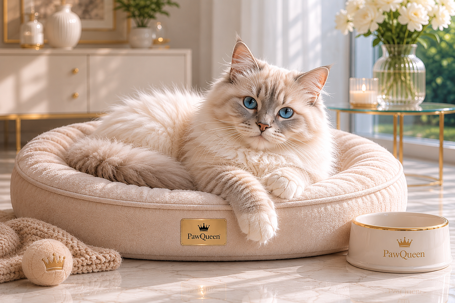 Gato persa descansando en cama premium PawQueen