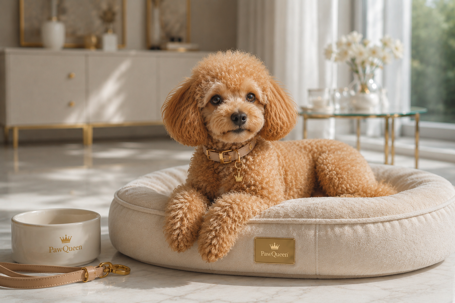 Caniche en cama de lujo PawQueen con accesorios dorados